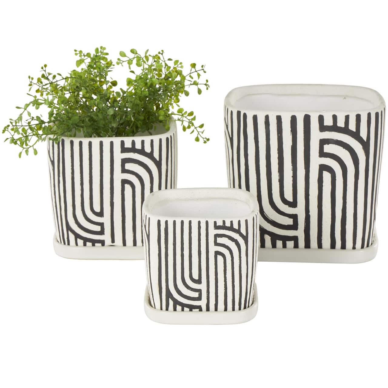 Black Geometric Linear Arch Pattern Ceramic Planter Set